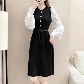 Puff-sleeve Knit Midi A-line Dress