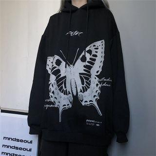Butterfly Print Hooded Pullover With Lettering