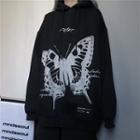 Butterfly Print Hooded Pullover With Lettering
