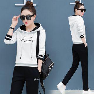 Set: Cat Embroidered Lettering Hoodie + Jogger Pants