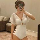 Elbow-sleeve V-neck Cut-out Swimsuit