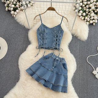 Set: Lace-up Denim Camisole + Ruffle Skirt