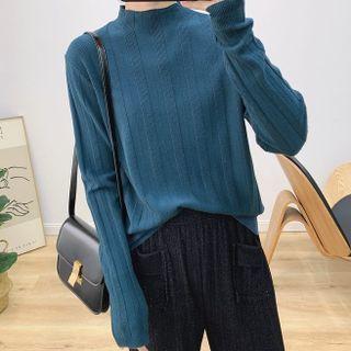 Long-sleeve Semi Turtleneck Stripe Loose Fit Knit Top