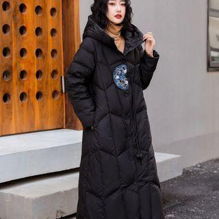 Embroidered Padded Hooded Button-up Long Coat
