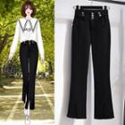 Contrast Trim Collar Sweatshirt / Slit Boot-cut Pants
