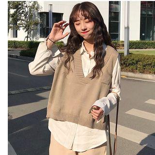 Plain Shirt / Knit V-neck Vest / Cropped Harem Pants