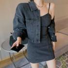 Cropped Denim Jacket / Spaghetti Strap Mini Bodycon Denim Dress