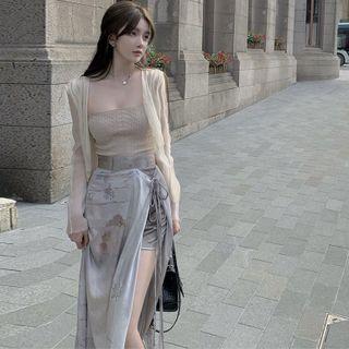 Long-sleeve Plain Cardigan / Printed Camisole Top / High-waist Lace-up Printed Side-slit Dress