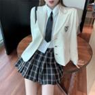 Embroidered Blazer / Asymmetrical Shirt / Plaid Mini Pleated Skirt