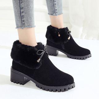Faux Leather Faux Fur Trim Block Heel Short Boots