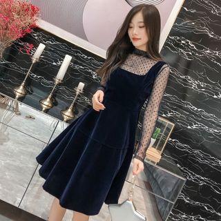 Set: Mock Neck Dotted Mesh Blouse + Sleeveless A-line Velvet Dress
