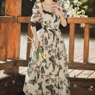 Short-sleeve Lace Trim Butterfly Print Midi A-line Dress