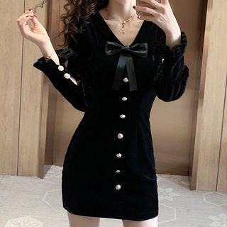 Buttoned Bow Accent Long-sleeve Mini Sheath Dress