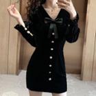 Buttoned Bow Accent Long-sleeve Mini Sheath Dress