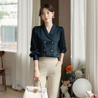 Shawl-collar Double-breasted Satin Blouse