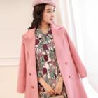 Set: Double-buttoned Woolen Coat + Patterned A-line Dress
