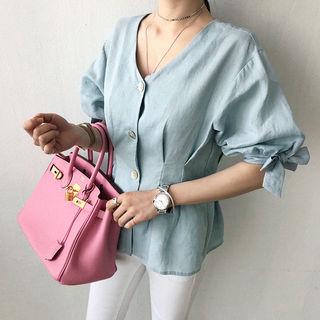 V-neck Puff-sleeve Linen Peplum Blouse