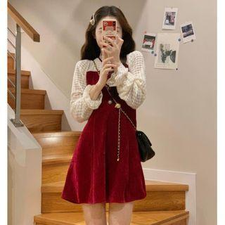 Mock Two-piece Cutout Lace Long-sleeve Panel Velvet Dress