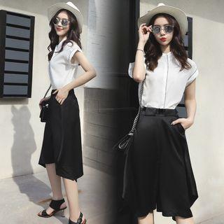 Set: Short-sleeve Blouse + Wide Leg Capri Pants