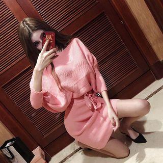 Batwing-sleeve Tie-waist Knit Sheath Dress Pink - One Size