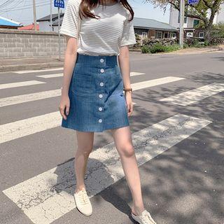 Button-front Denim Miniskirt Blue - One Size