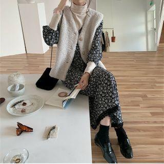 Floral Print Turtle-neck Long-sleeve Dress / Fleece Vest