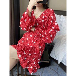 Ruffled-trim Floral Mini Dress Red - One Size