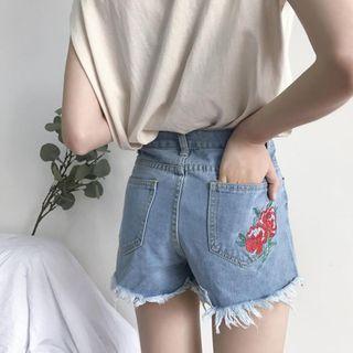 Rose Embroidered Fringed Denim Shorts