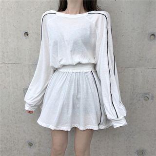 Color-block Long-sleeve Dress White - One Size