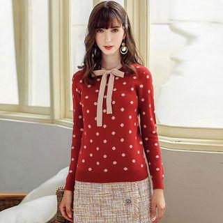 Tie-neck Dotted Long-sleeve Knit Top