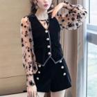 Set: Floral Mesh Blouse + Velvet Button-up Vest + Shorts