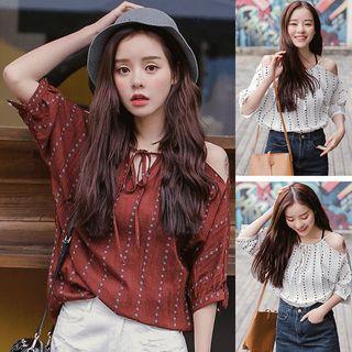 Pinstripe Cutout Shoulder Short-sleeve Top