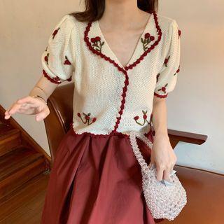 Crochet-knit Short-sleeve Cropped Cardigan White - One Size