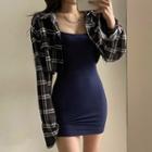 Set: Cropped Long-sleeve Plaid Shirt + Spaghetti Strap Mini Bodycon Dress