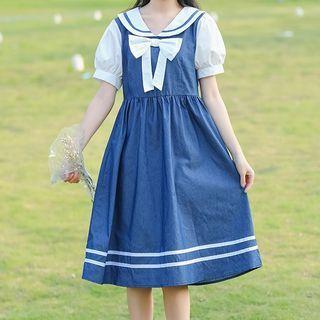 Short-sleeve Collared Denim A-line Midi Dress