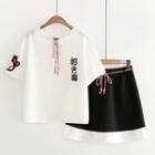 Cat Print Short-sleeve T-shirt / Color Block A-line Skirt / Set