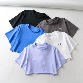 Elbow-sleeve Smiley Face Print Cropped T-shirt