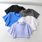 Elbow-sleeve Smiley Face Print Cropped T-shirt