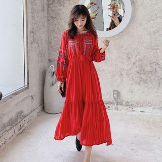 Long-sleeve Embroidered Striped Midi A-line Dress