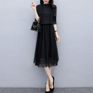 Set: Long-sleeve Lace Trim Blouse + Mesh Overlay Midi A-line Skirt