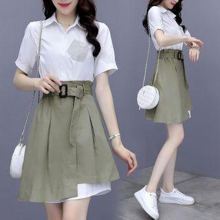 Set: Short-sleeve Shirtdress + Buckled A-line Skirt