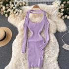 Off-shoulder Long-sleeve Knit Spaghetti-strap Dress