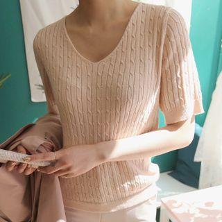 Short-sleeve Cable-knit Top Pink - One Size