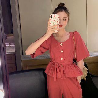 Short-sleeve Drawstring Blouse + Ruffle Trim Top + Plain Pants