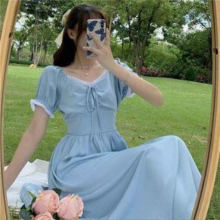Short-sleeve Lace-up Plaid Midi A-line Dress