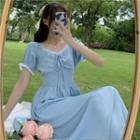 Short-sleeve Lace-up Plaid Midi A-line Dress
