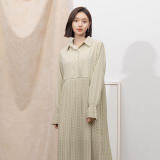 Accordion-pleat Patterned Long Shirtdress