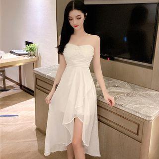 Asymmetric Strapless Floral Applique A-line Dress