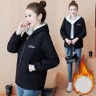 Fleece-lined Lettering Embroidered Hooded Zip Jacket