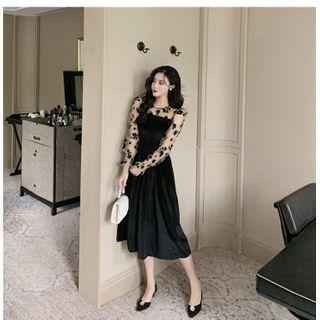 Floral Mesh Panel Midi A-line Dress
